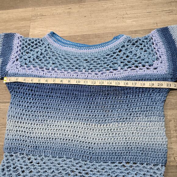 Handmade Crochet Blue Granny Square Knit Short Sleeve Shirt - Picture 3 of 6